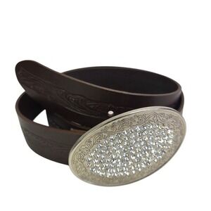 Abercrombie Fitch Brown Tooled Leather Rhinestone Oval‎ Buckle Italy Belt Size M